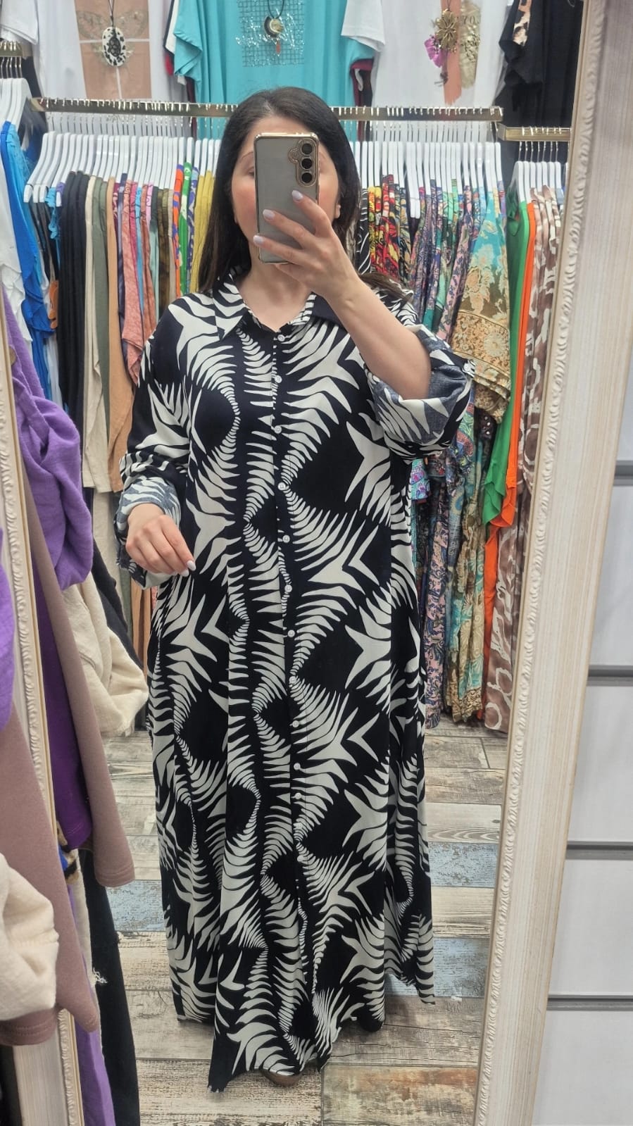 Gömlek elbise su yolu palmiye desen pamuk viskon