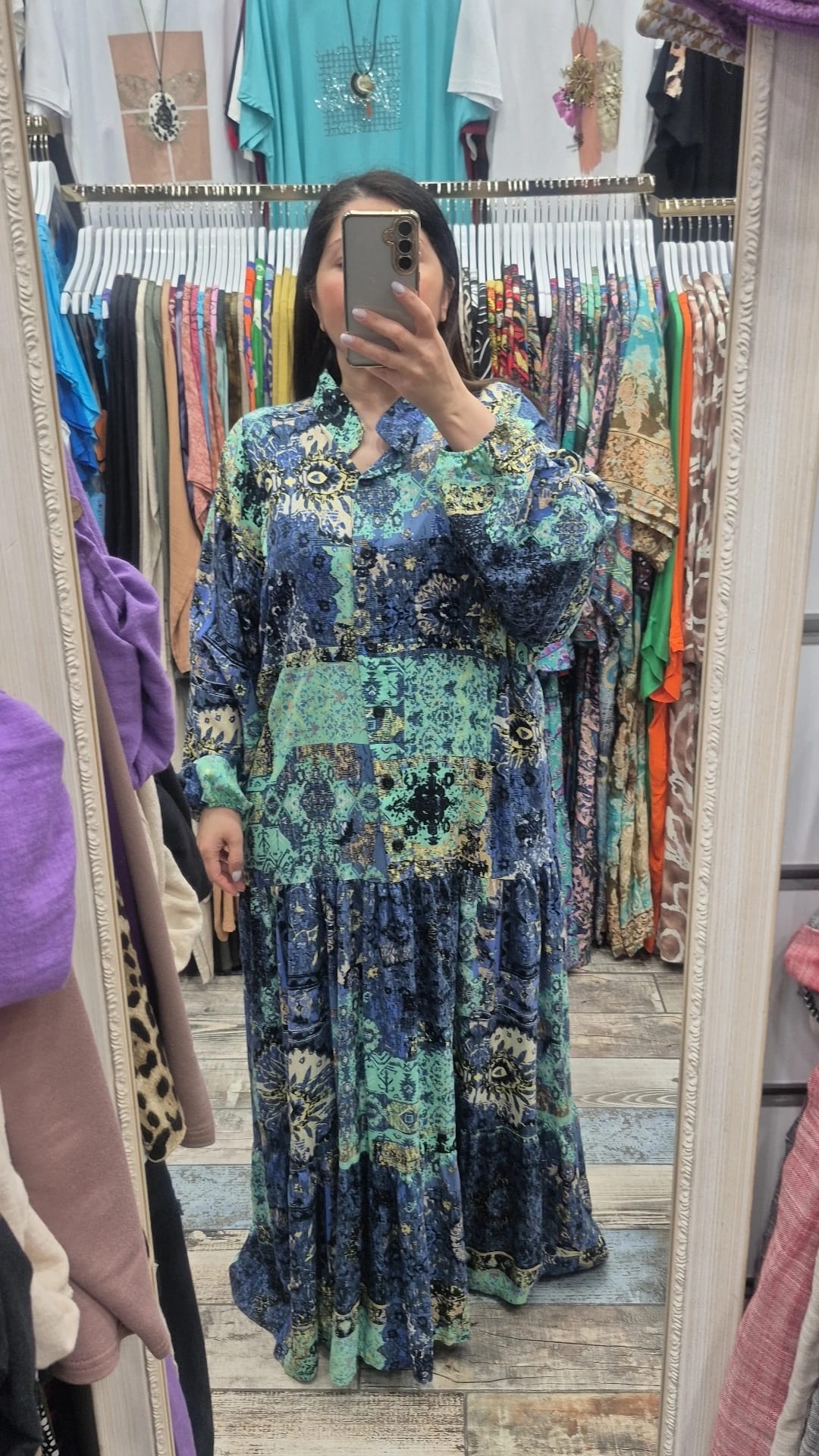 Hakim yaka balon kol düğmeli  elbise vin nil yeşili desen