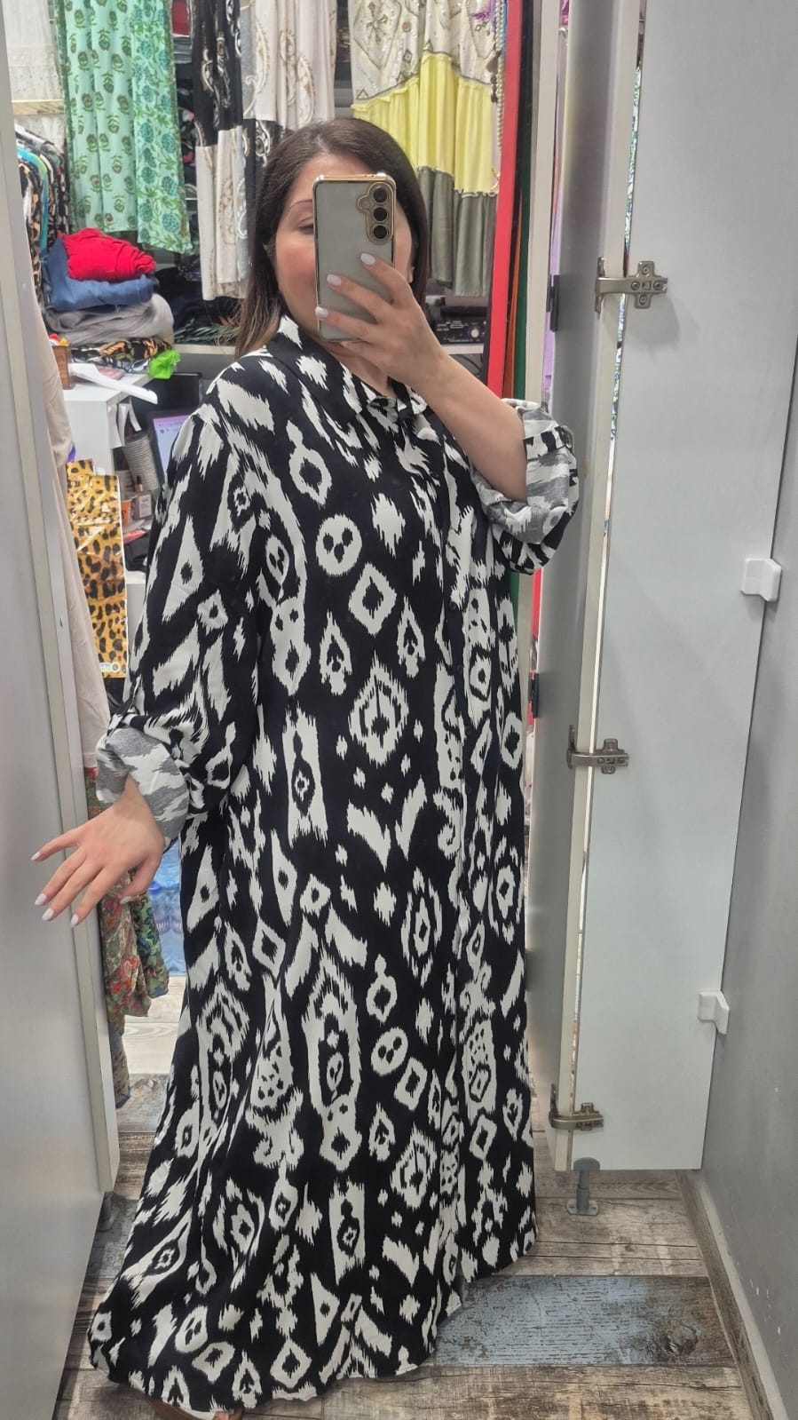 Gömlek elbise yeni baklava desen siyah beyaz renk pamuk viskon