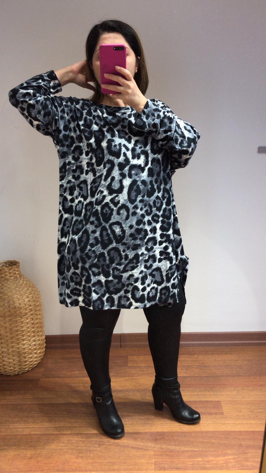 Bluz örme kumaş likra  gri füme leopar desen