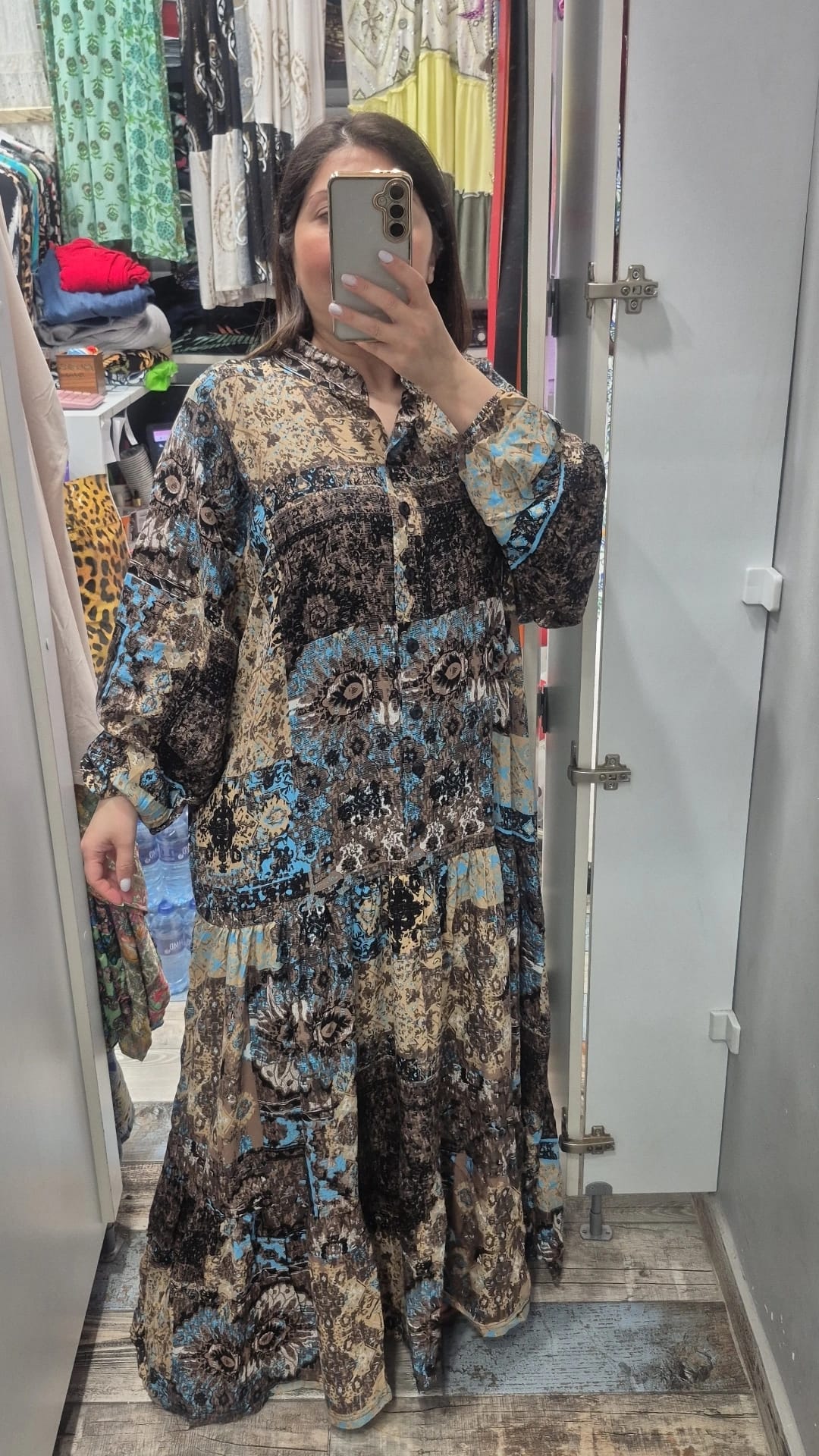 Hakim yaka balon kol düğmeli  elbise vin mavi desen