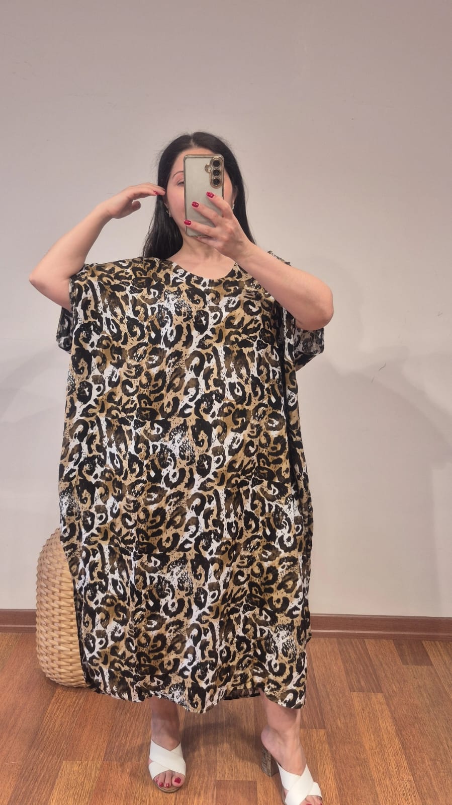 Leopar elbise pamuk viskon kahverengi