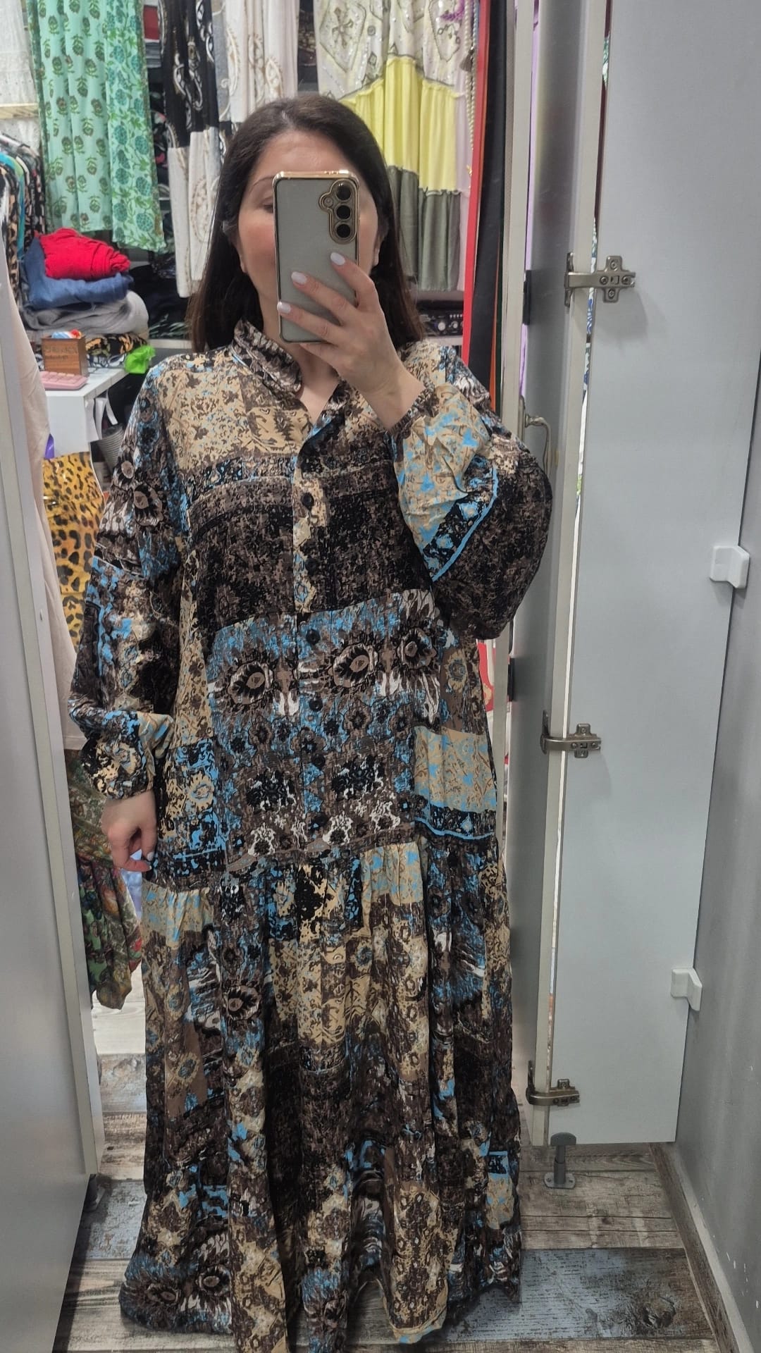 Hakim yaka balon kol düğmeli  elbise vin mavi desen