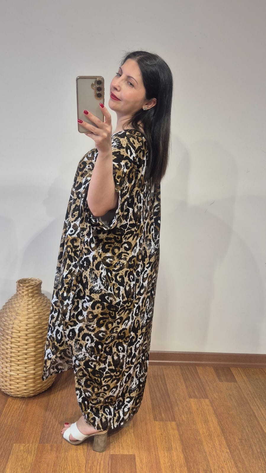 Leopar elbise pamuk viskon kahverengi