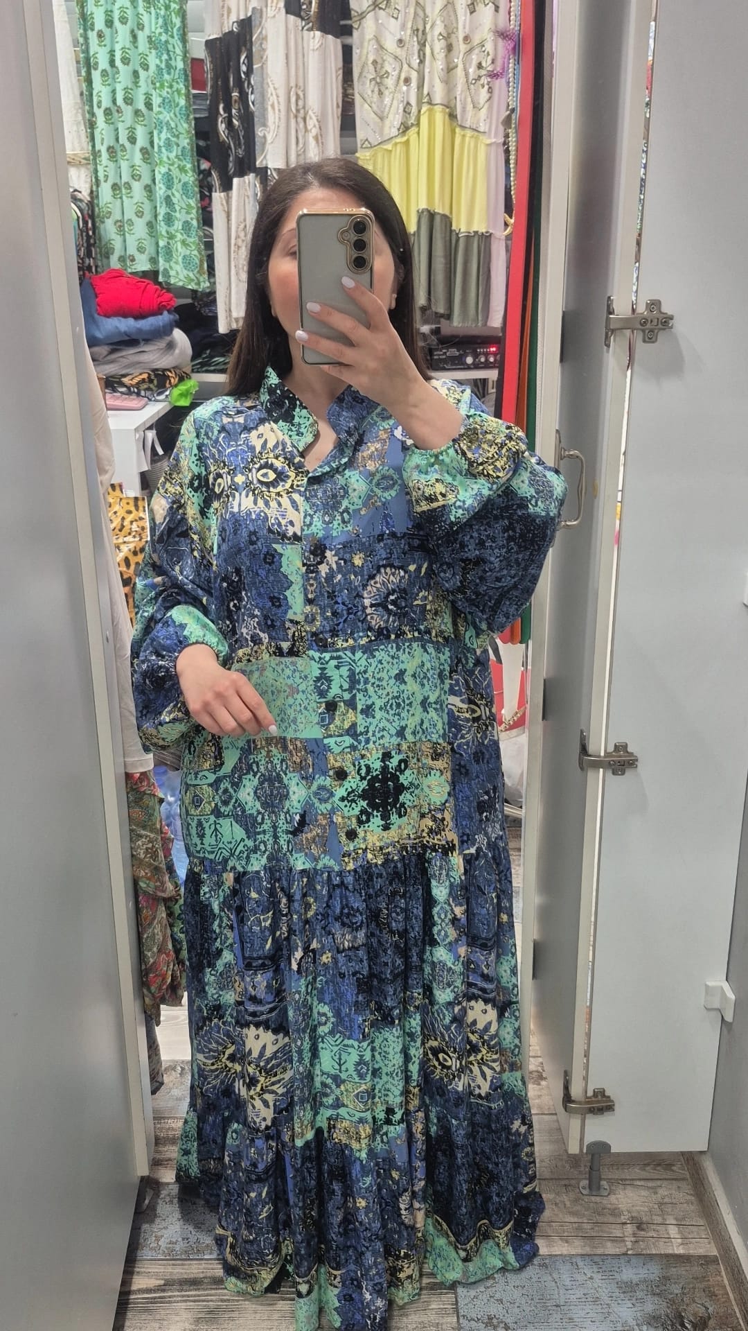 Hakim yaka balon kol düğmeli  elbise vin nil yeşili desen