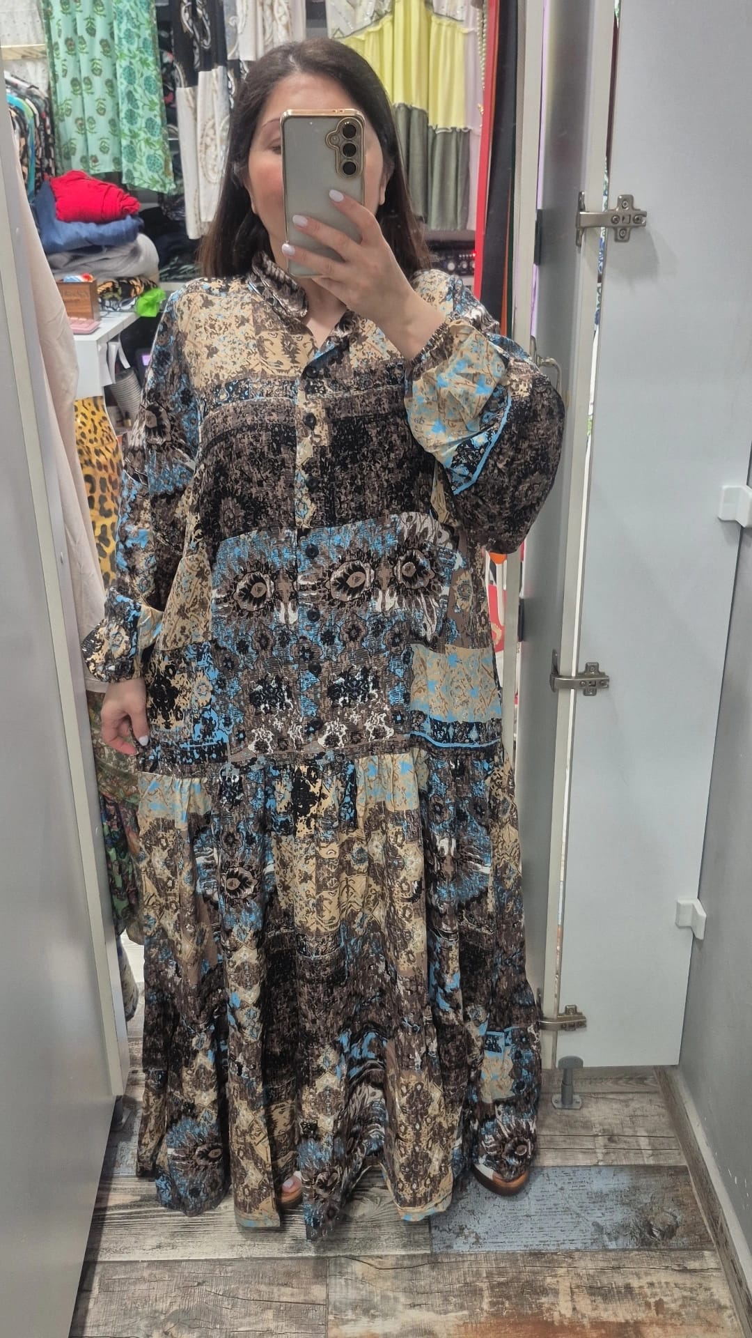 Hakim yaka balon kol düğmeli  elbise vin mavi desen