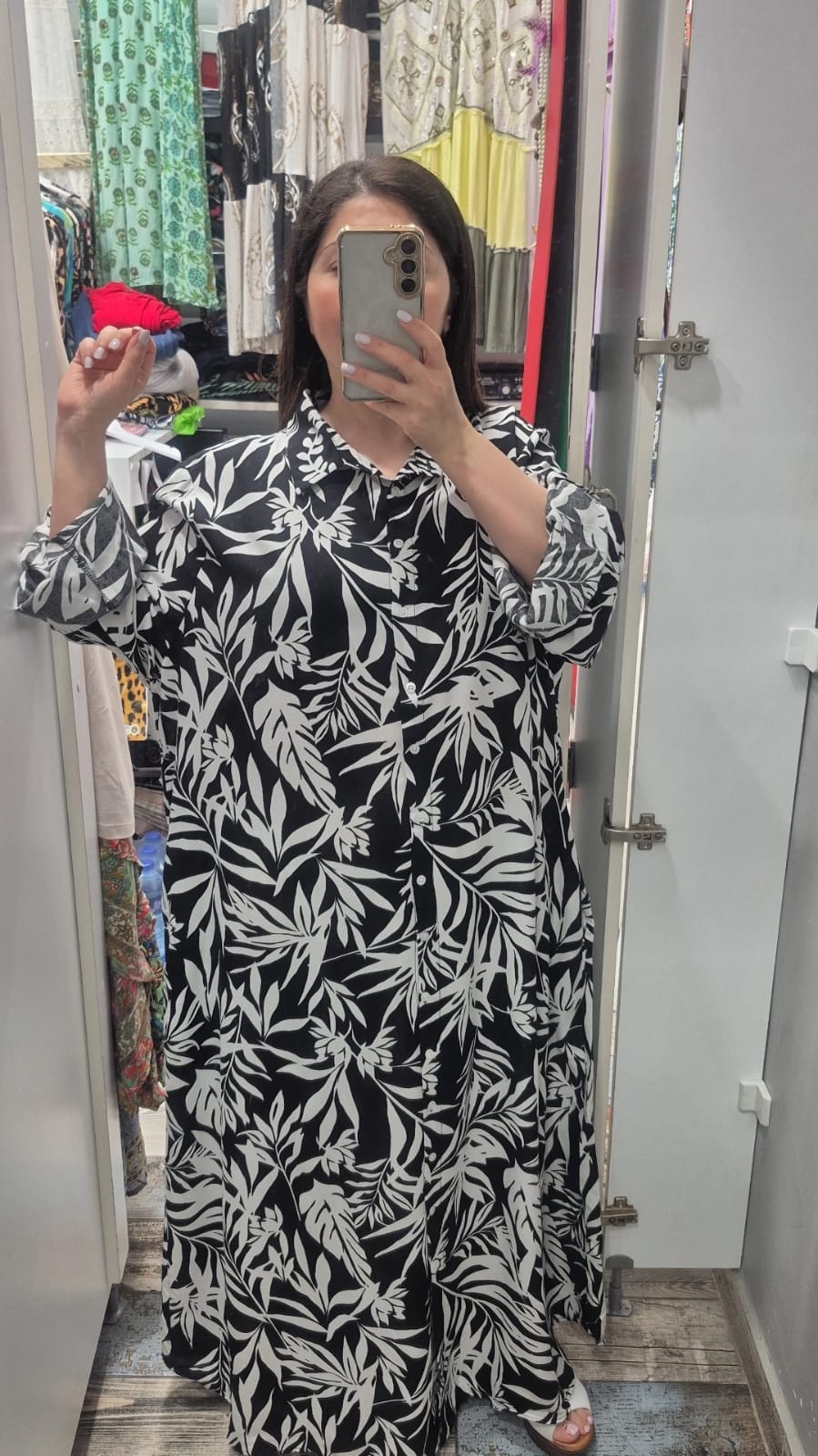 Gömlek elbise zarif palmiye  desen pamuk viskon