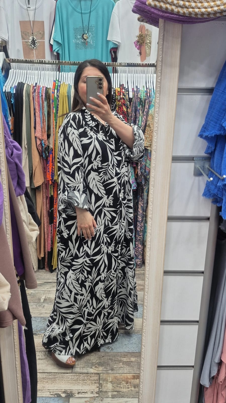 Gömlek elbise zarif palmiye  desen pamuk viskon