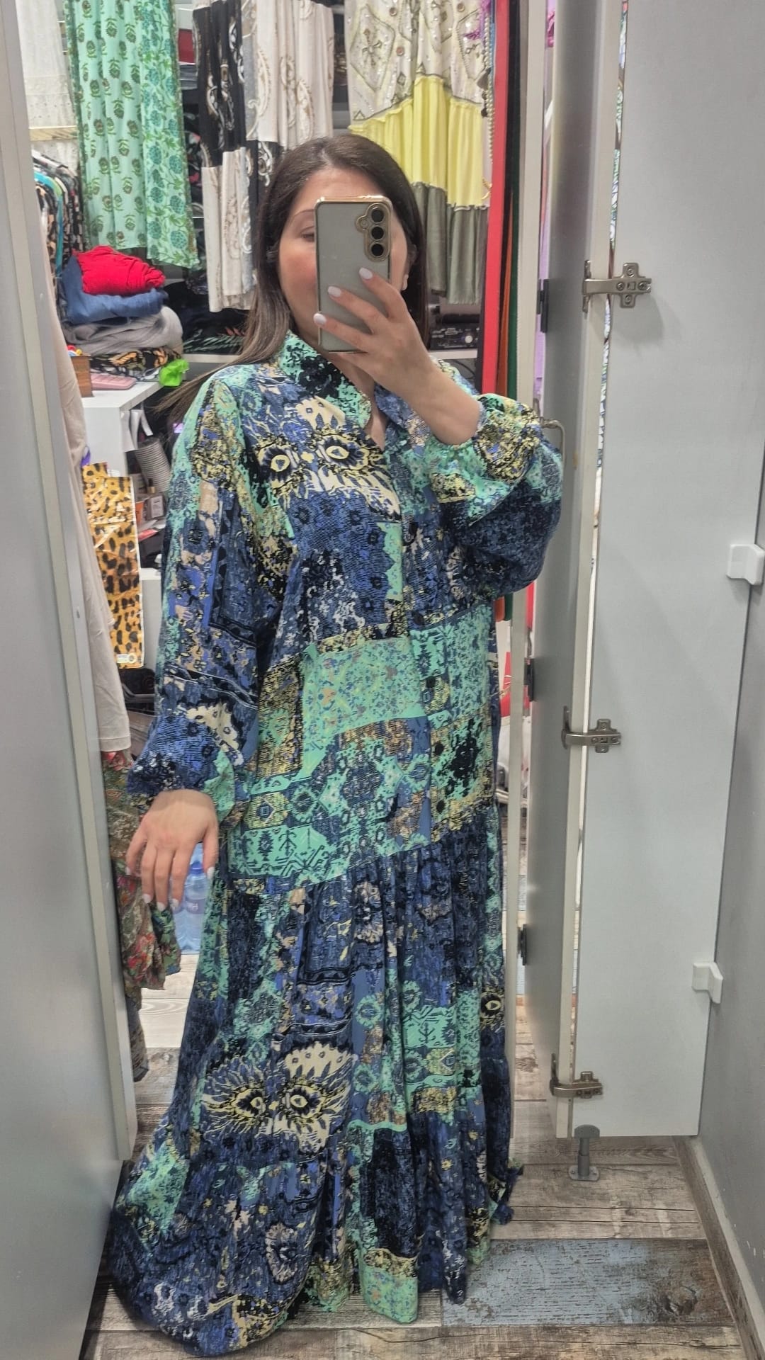 Hakim yaka balon kol düğmeli  elbise vin nil yeşili desen