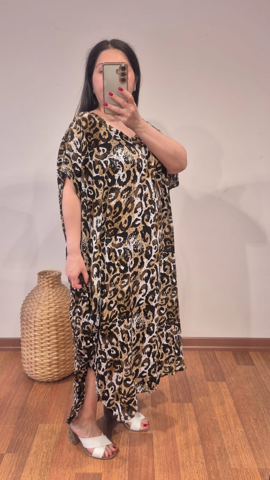 Leopar elbise pamuk viskon kahverengi