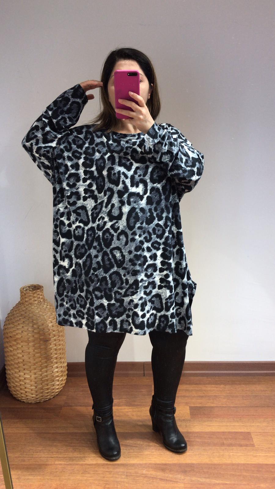 Bluz örme kumaş likra  gri füme leopar desen