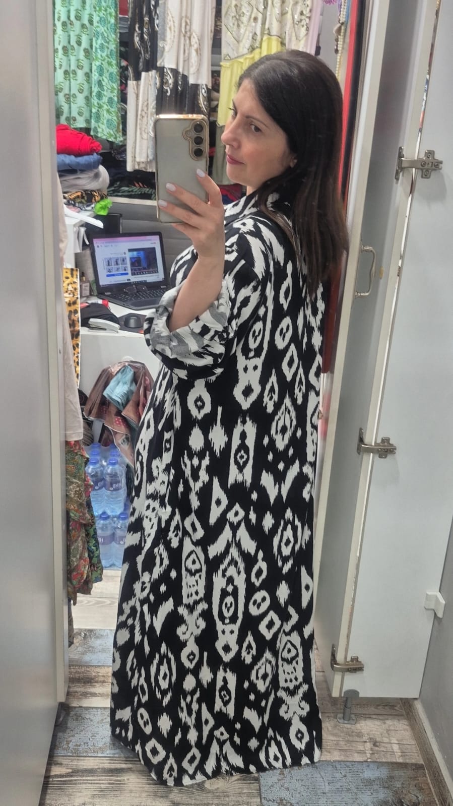 Gömlek elbise yeni baklava desen siyah beyaz renk pamuk viskon