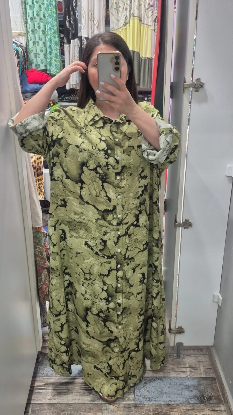 Gömlek elbise fıstık yeşili renk pamuk viskon