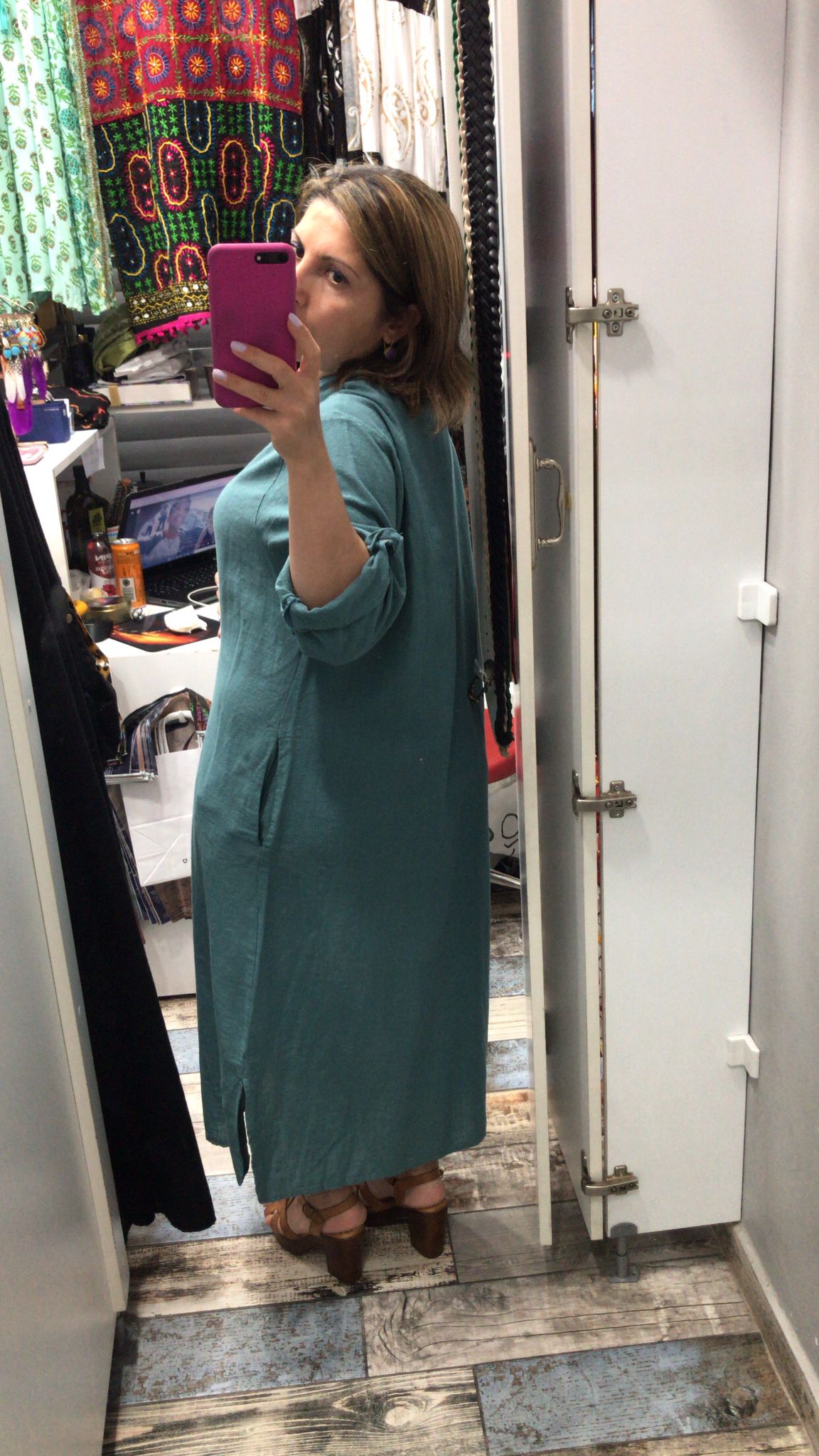 Pamuk keten hakim yaka elbise turkuaz renk 