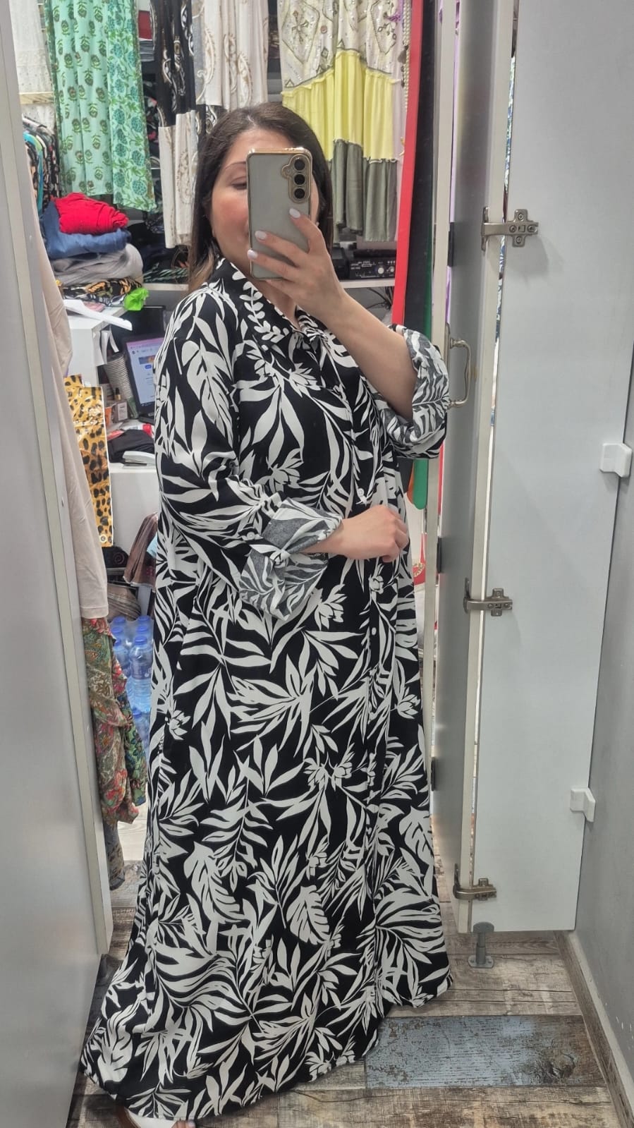 Gömlek elbise zarif palmiye  desen pamuk viskon