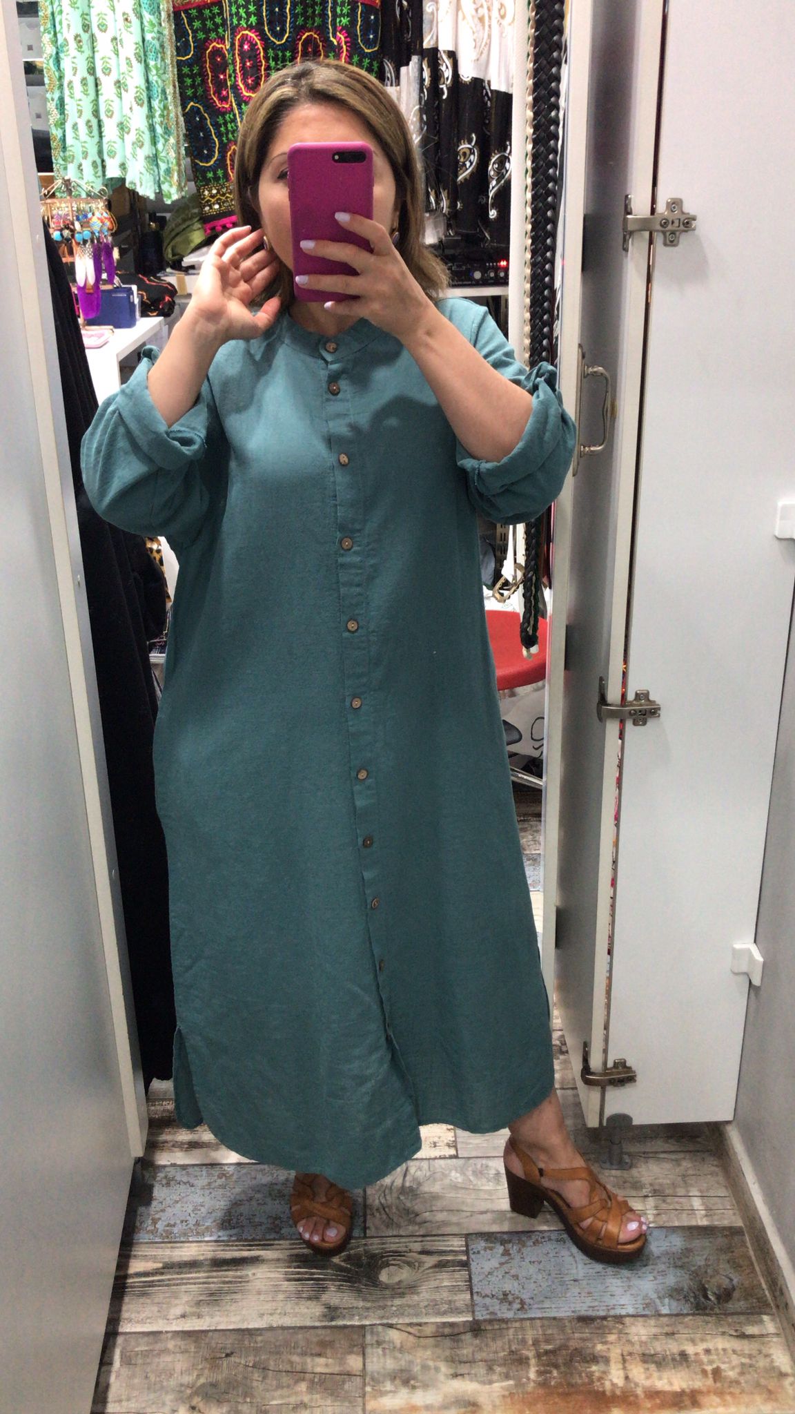 Pamuk keten hakim yaka elbise turkuaz renk 