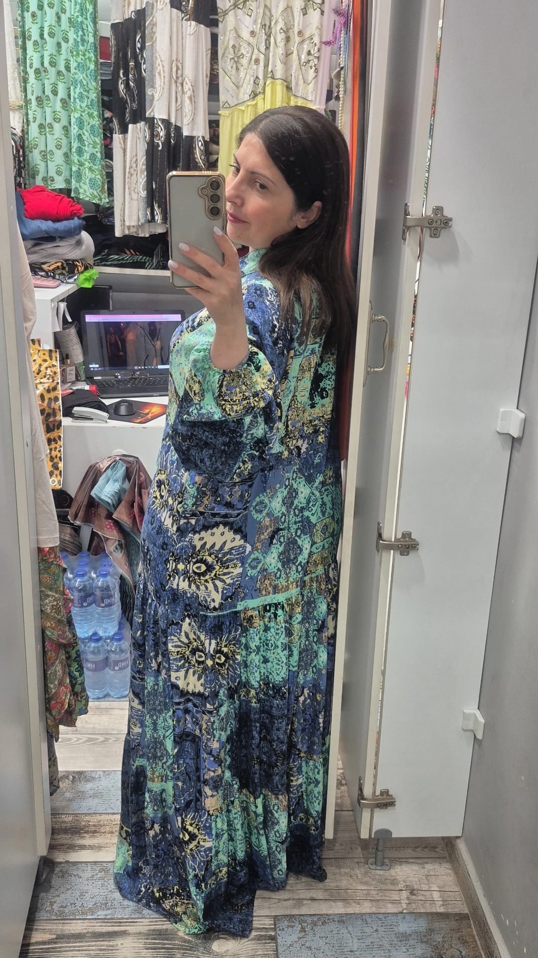 Hakim yaka balon kol düğmeli  elbise vin nil yeşili desen