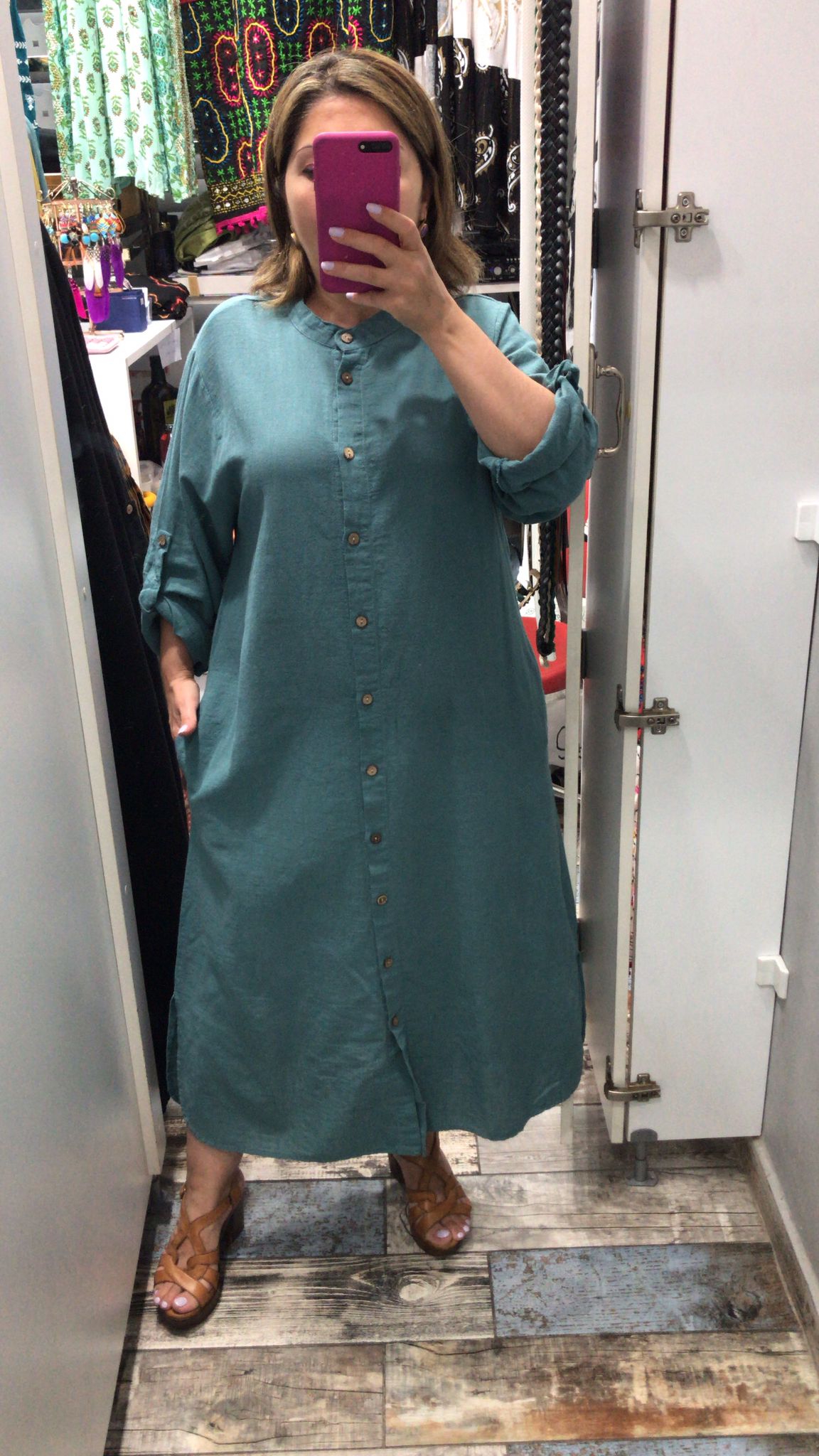 Pamuk keten hakim yaka elbise turkuaz renk 