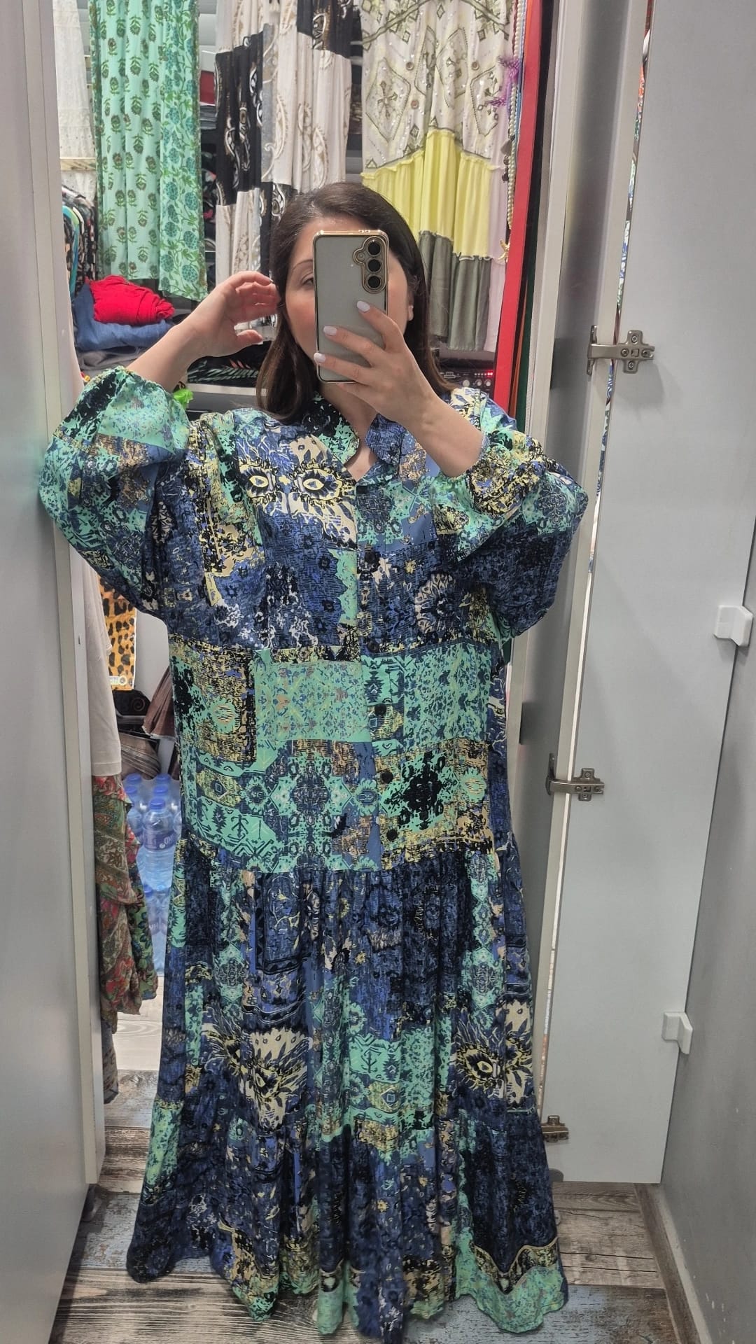 Hakim yaka balon kol düğmeli  elbise vin nil yeşili desen