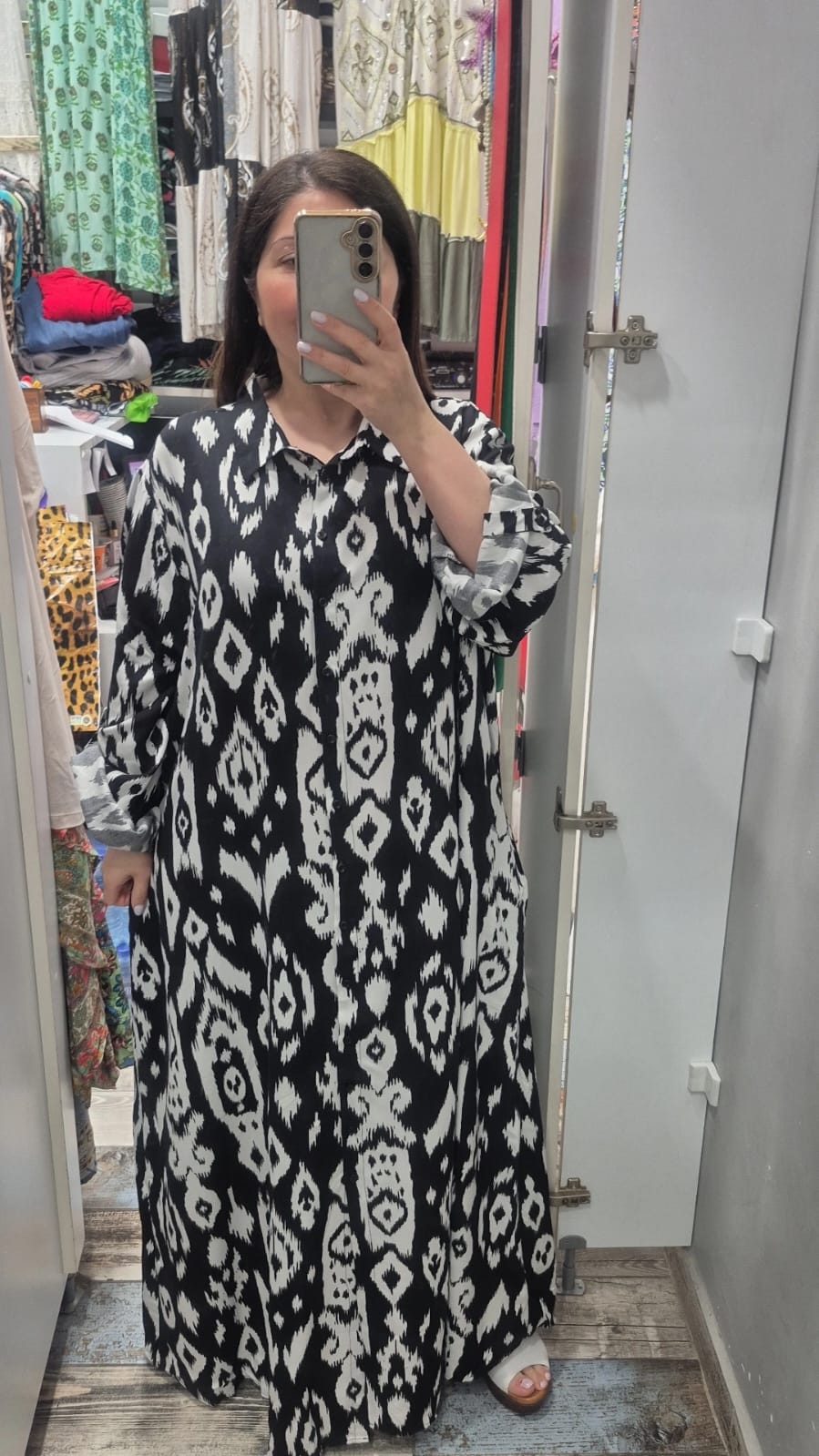 Gömlek elbise yeni baklava desen siyah beyaz renk pamuk viskon
