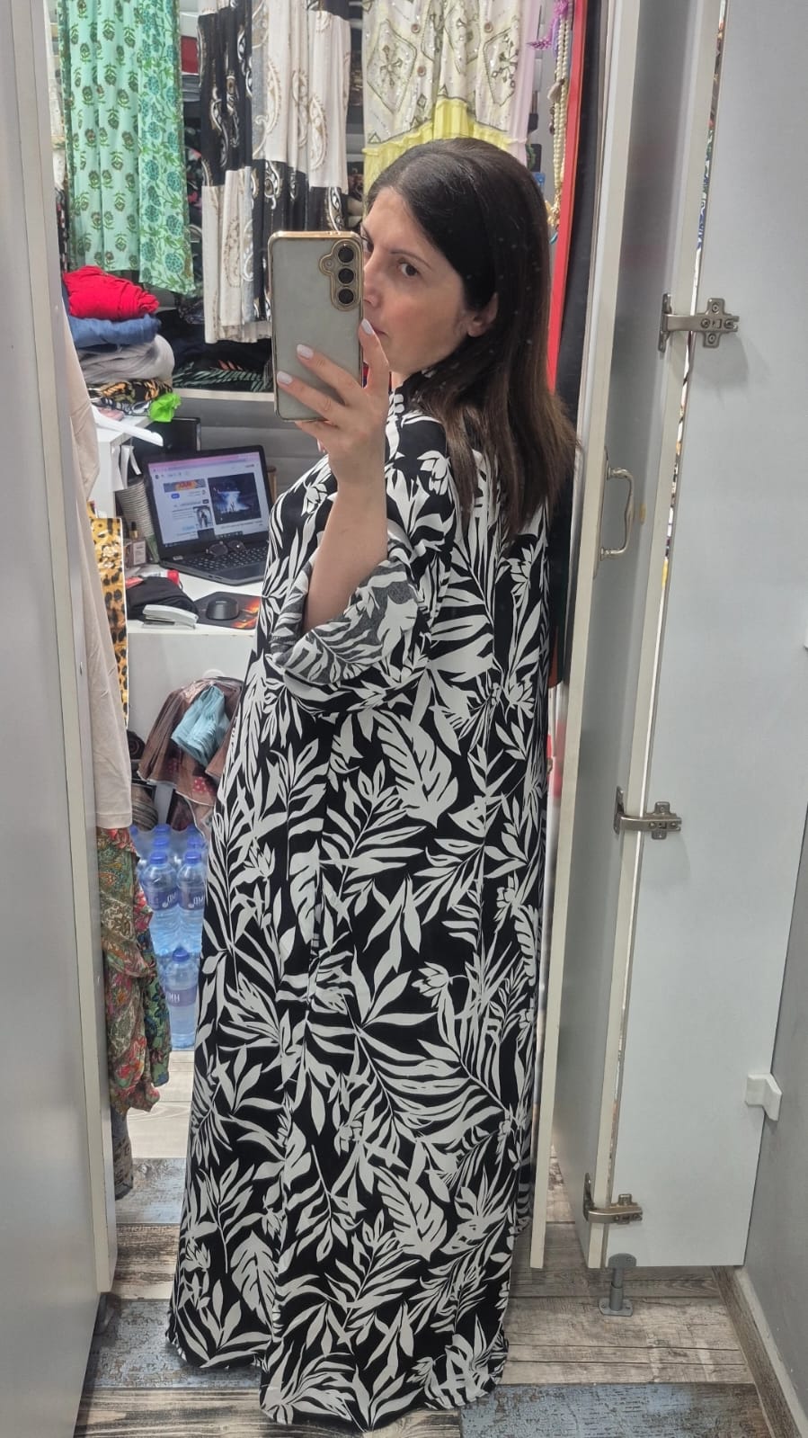 Gömlek elbise zarif palmiye  desen pamuk viskon