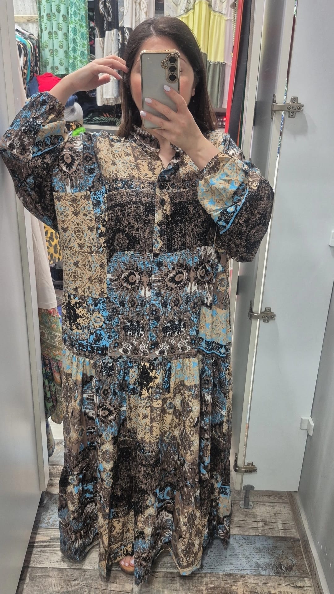 Hakim yaka balon kol düğmeli  elbise vin mavi desen