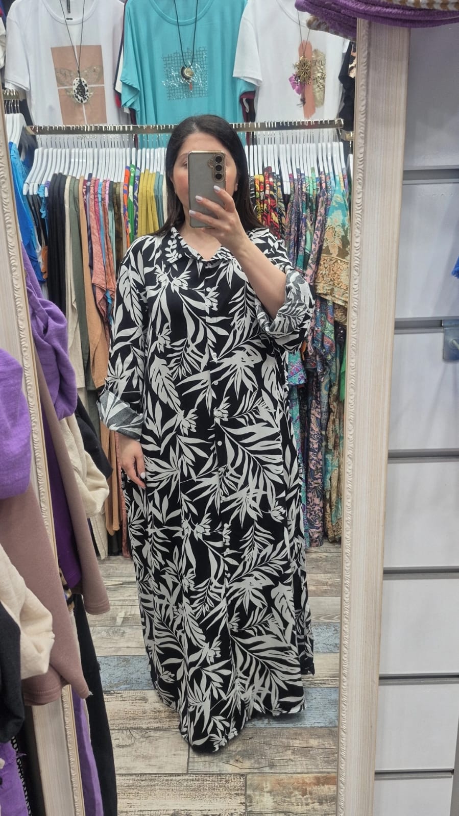 Gömlek elbise zarif palmiye  desen pamuk viskon