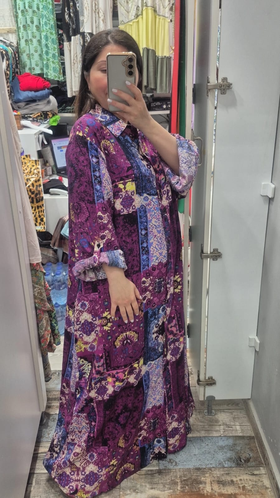 Gömlek elbise mor vin lina  desen pamuk viskon