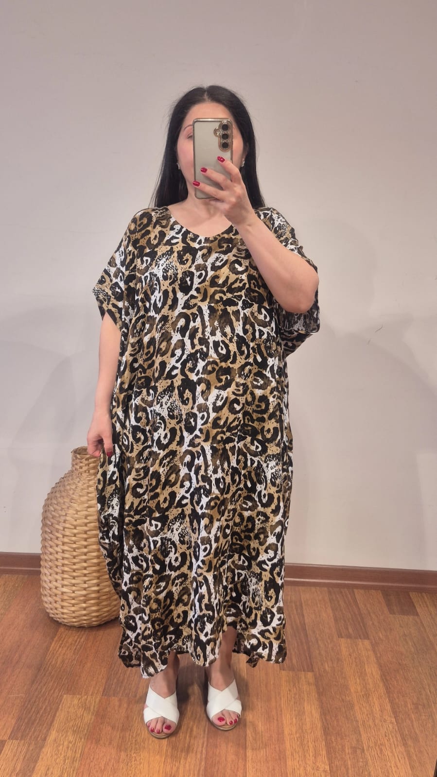 Leopar elbise pamuk viskon kahverengi