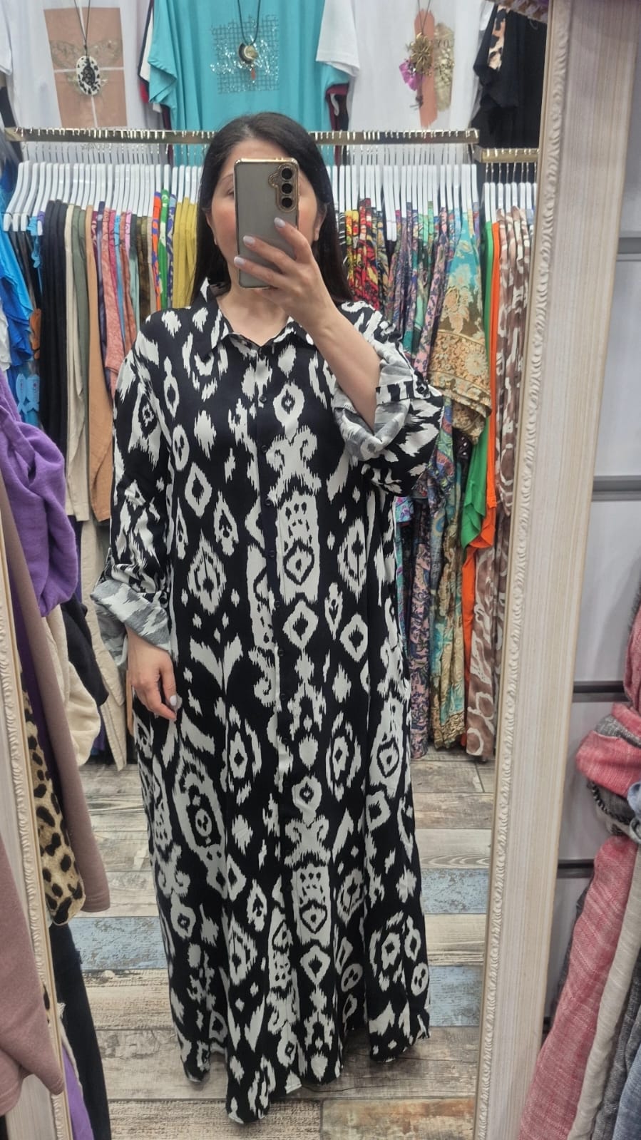 Gömlek elbise yeni baklava desen siyah beyaz renk pamuk viskon