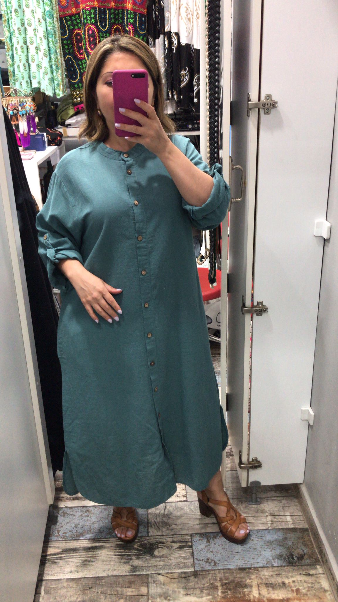 Pamuk keten hakim yaka elbise turkuaz renk 