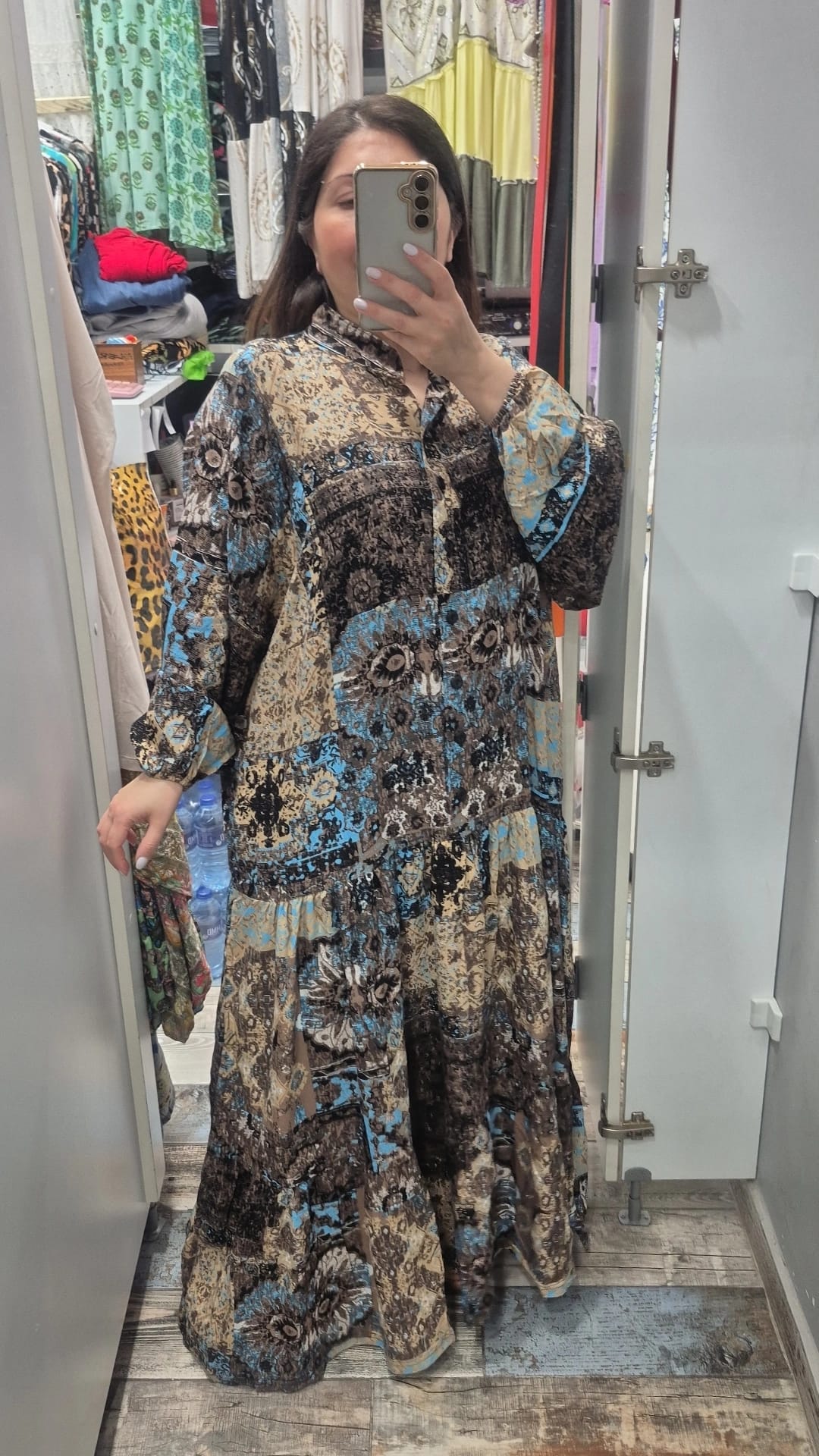 Hakim yaka balon kol düğmeli  elbise vin mavi desen