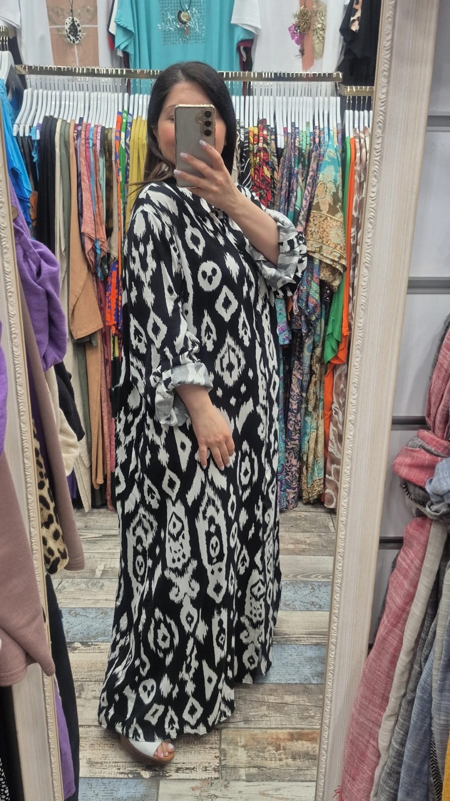 Gömlek elbise yeni baklava desen siyah beyaz renk pamuk viskon