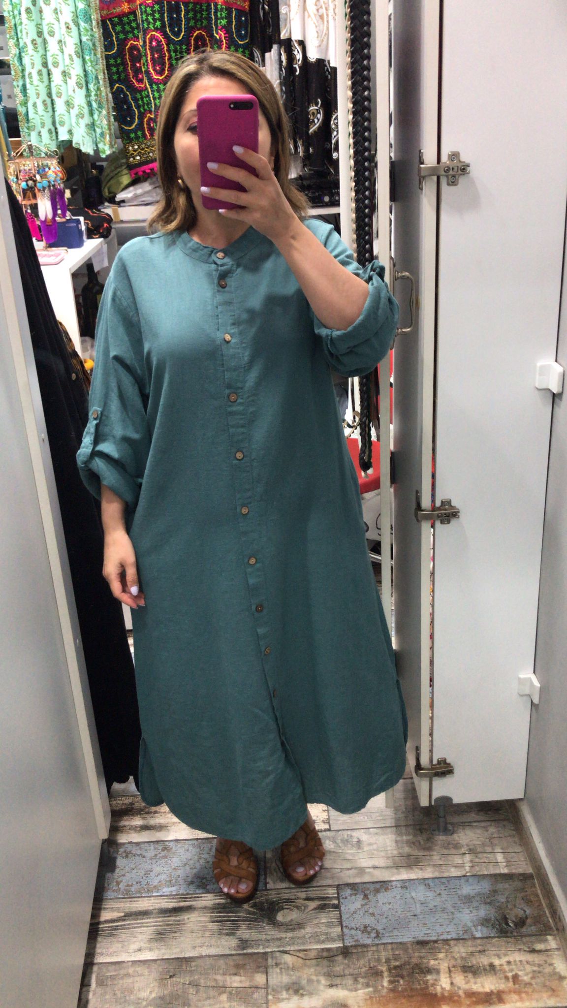 Pamuk keten hakim yaka elbise turkuaz renk 