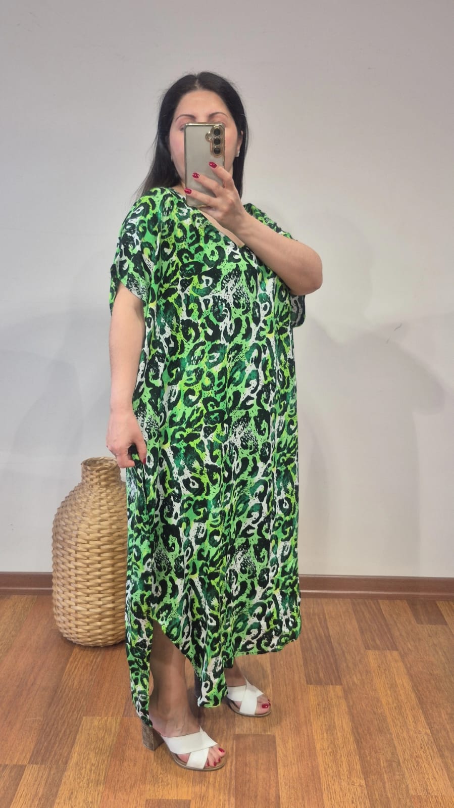 Leopar elbise pamuk viskon yeşil