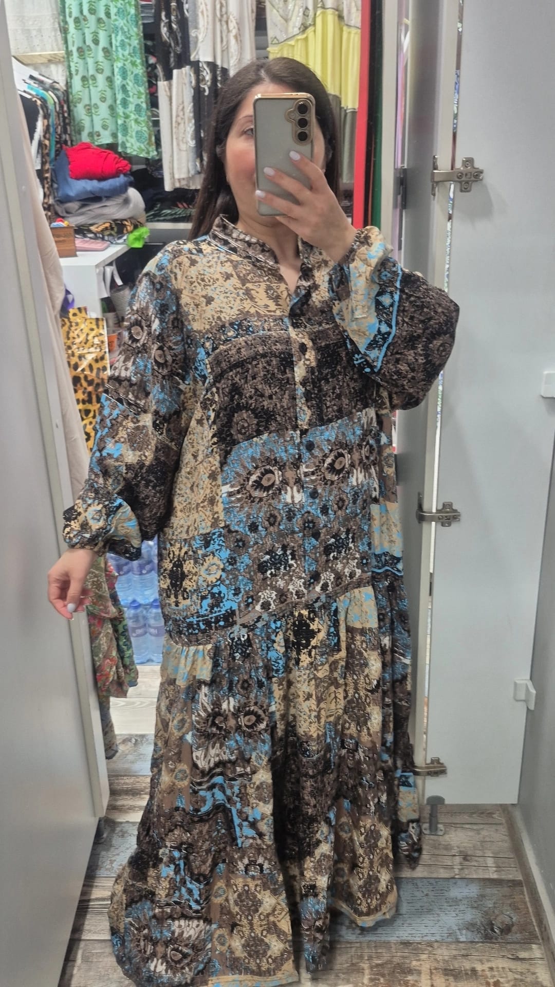 Hakim yaka balon kol düğmeli  elbise vin mavi desen