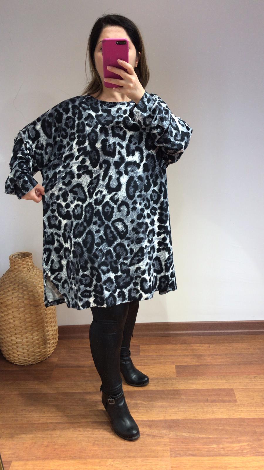Bluz örme kumaş likra  gri füme leopar desen