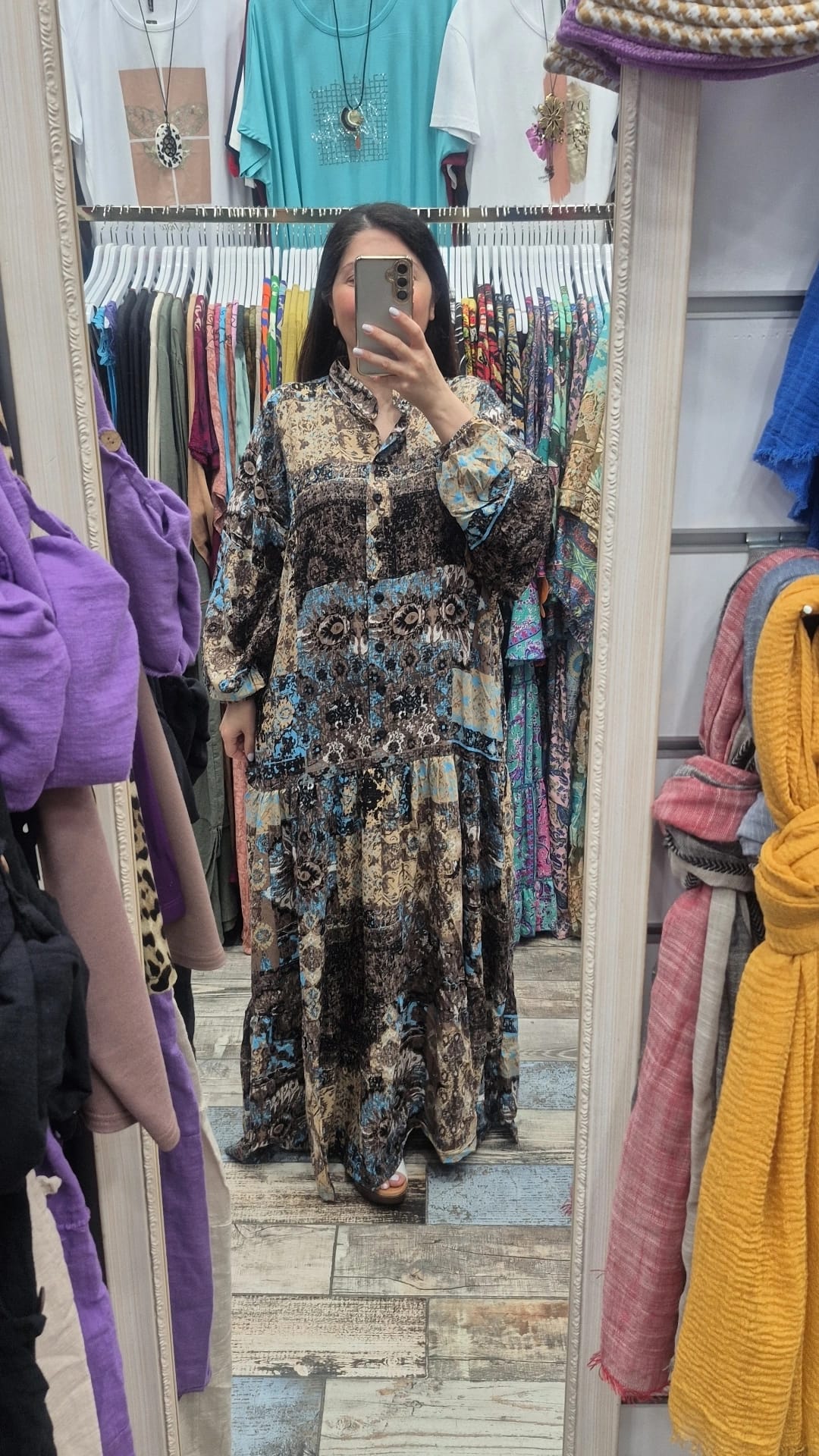 Hakim yaka balon kol düğmeli  elbise vin mavi desen