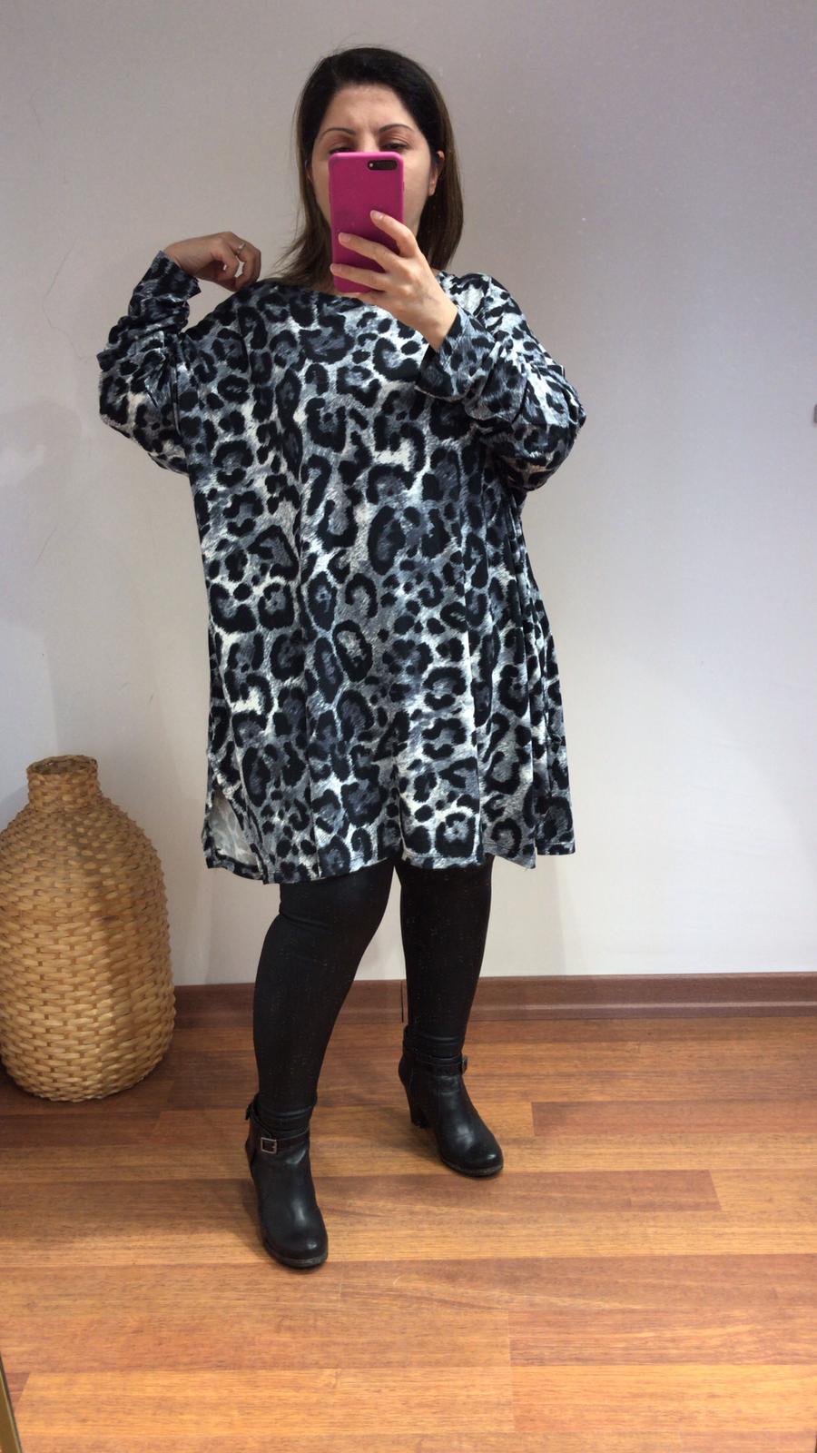 Bluz örme kumaş likra  gri füme leopar desen