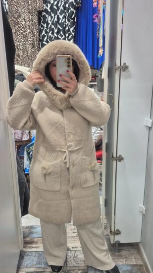 Angora kaban fit model kapüşon detay bej renk