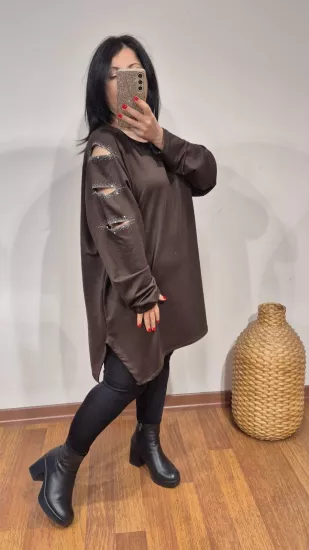 Bluz Premium Alman Kumaş Üç Pencere Taşlı Model Acı Kahve renk