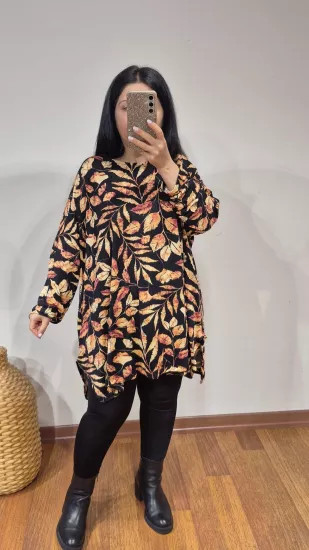 Bluz yaprakları oranj fuşya  desen