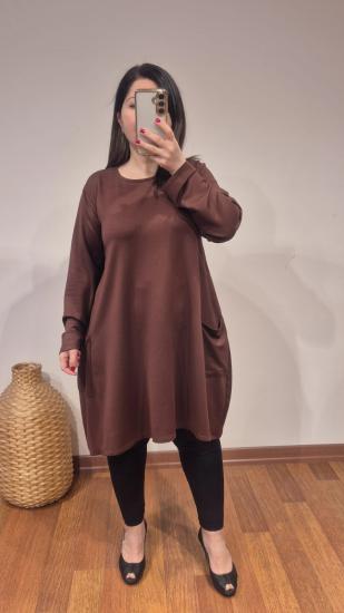 Tunik cepli cristal kumaş tok dokulu kahverengi
