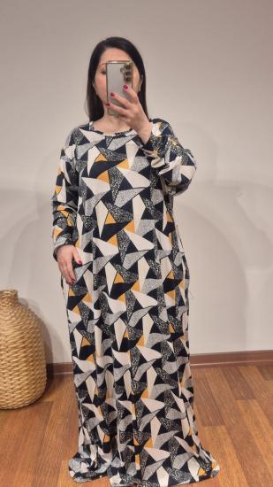 Elbise A kesim krem sarı geometri desen