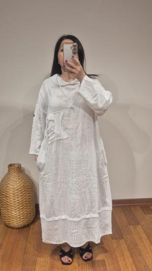 Pamuk keten elbise kapüşonlu model yıldız pul detay beyaz renk