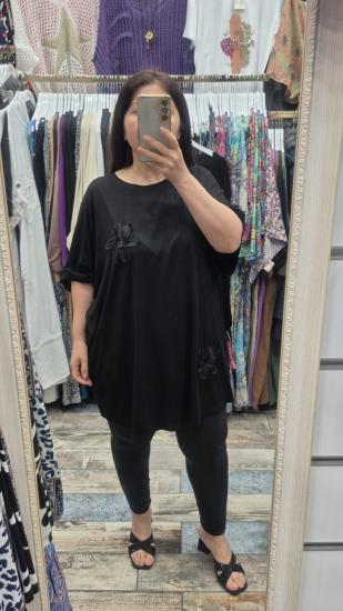 Bluz organze çiçek motif içi pul detay siyah 