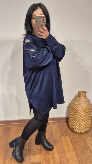 Bluz Premium Alman Kumaş Üç Pencere Taşlı Model Lacivert Renk