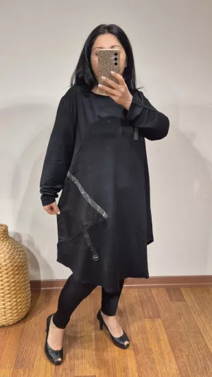 Tunik tokalı deri garnili taşlı siyah renk likralı model