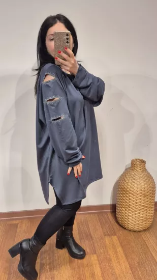 Bluz Premium Alman Kumaş Üç Pencere Taşlı Model Gri Renk