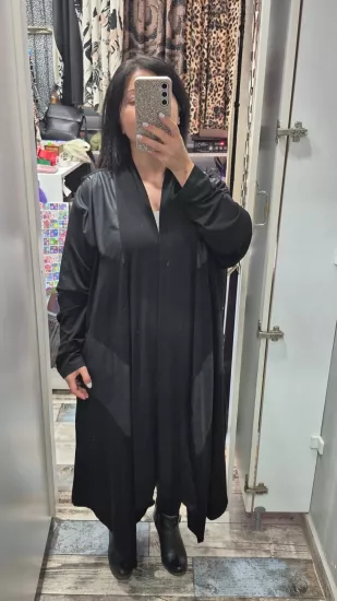 Hırka deri görünümlü  kaplama kumaş detay siyah